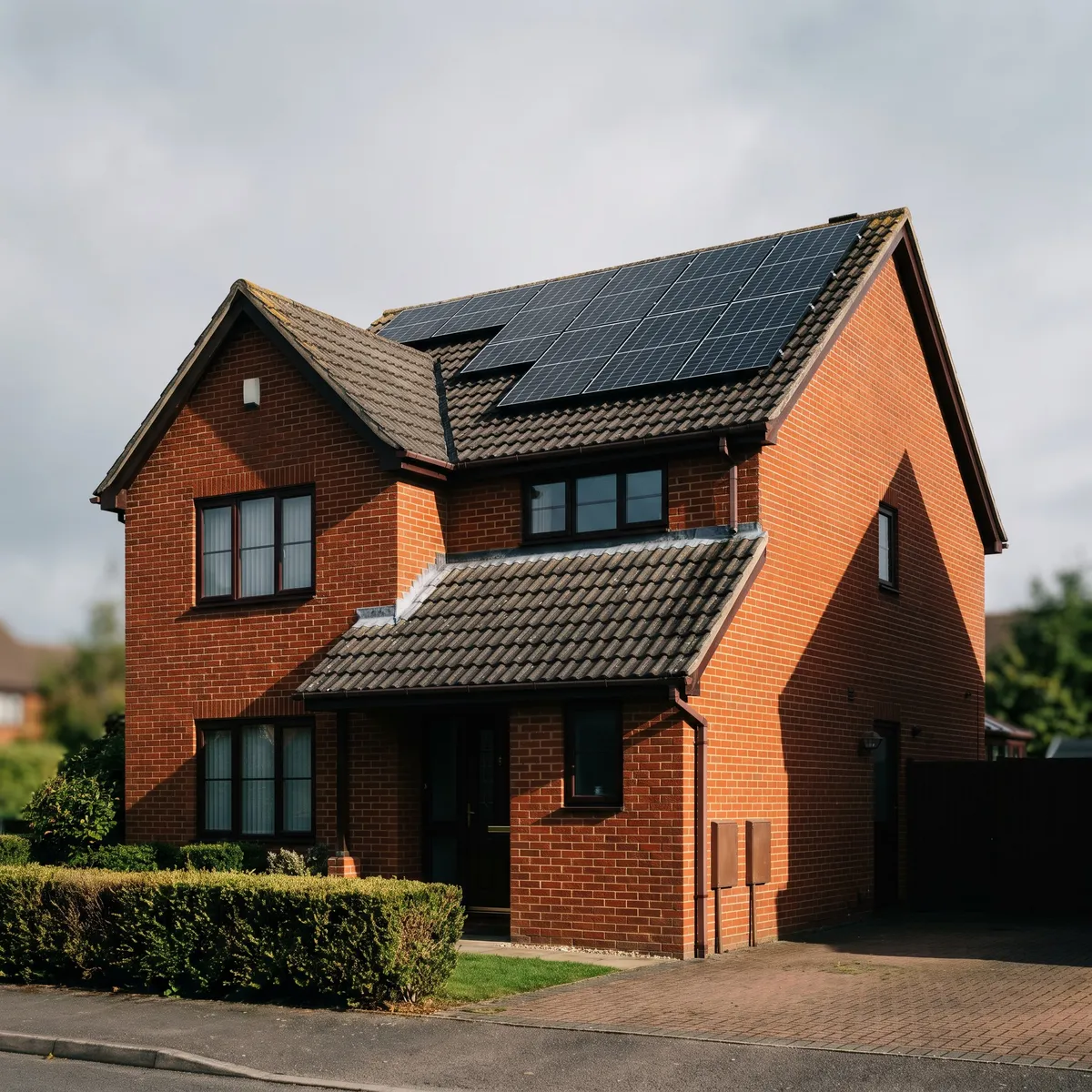 Red-brick detached house with black solar panels on a grey tiled pitched roof